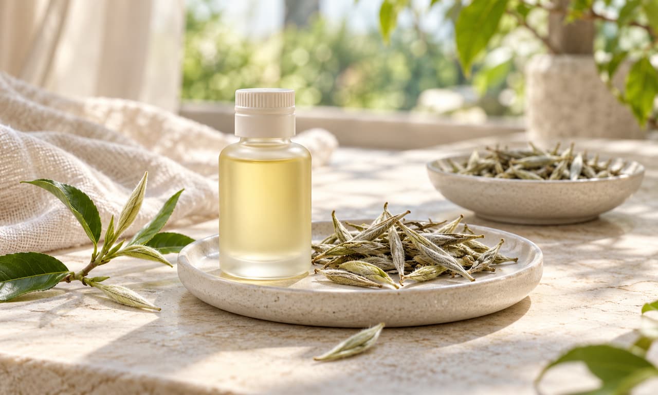 Chai thủy tinh bên cạnh búp trà trắng