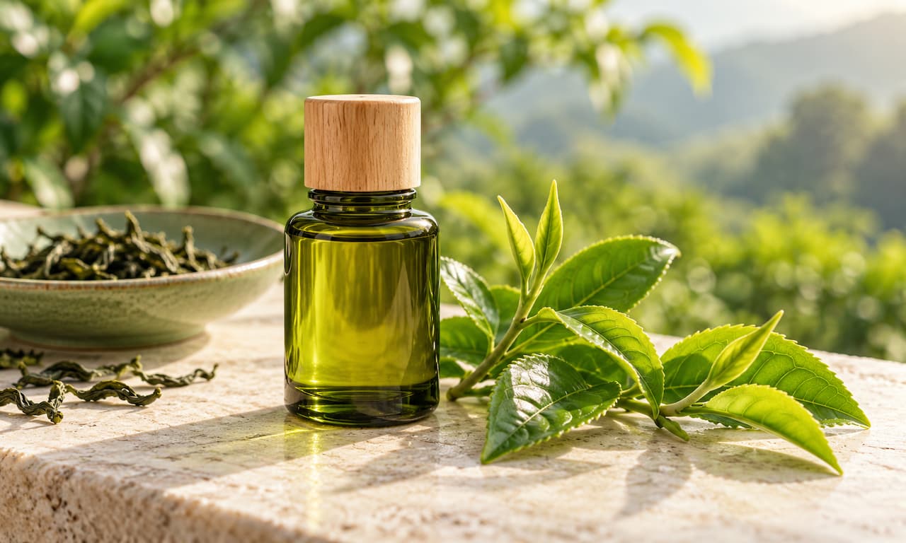 Chai thủy tinh màu olive bên cạnh lá trà xanh
